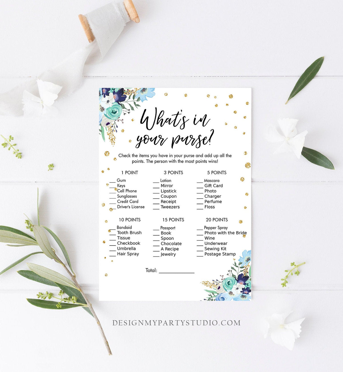 Editable What&#39;s in Your Purse Bridal Shower Game Wedding Shower Activity Blue Floral Gold Confetti Flowers Corjl Template Printable 0030