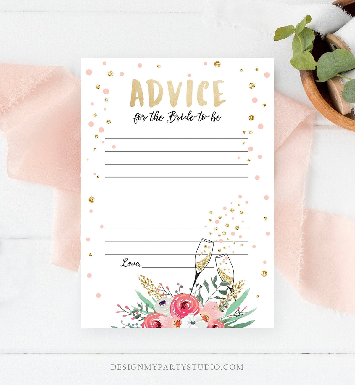 Editable Advice for the Bride-to-Be Brunch and Bubbly Bridal Shower Game Words of Wisdom Champagne Pink Floral Corjl Template Printable 0318