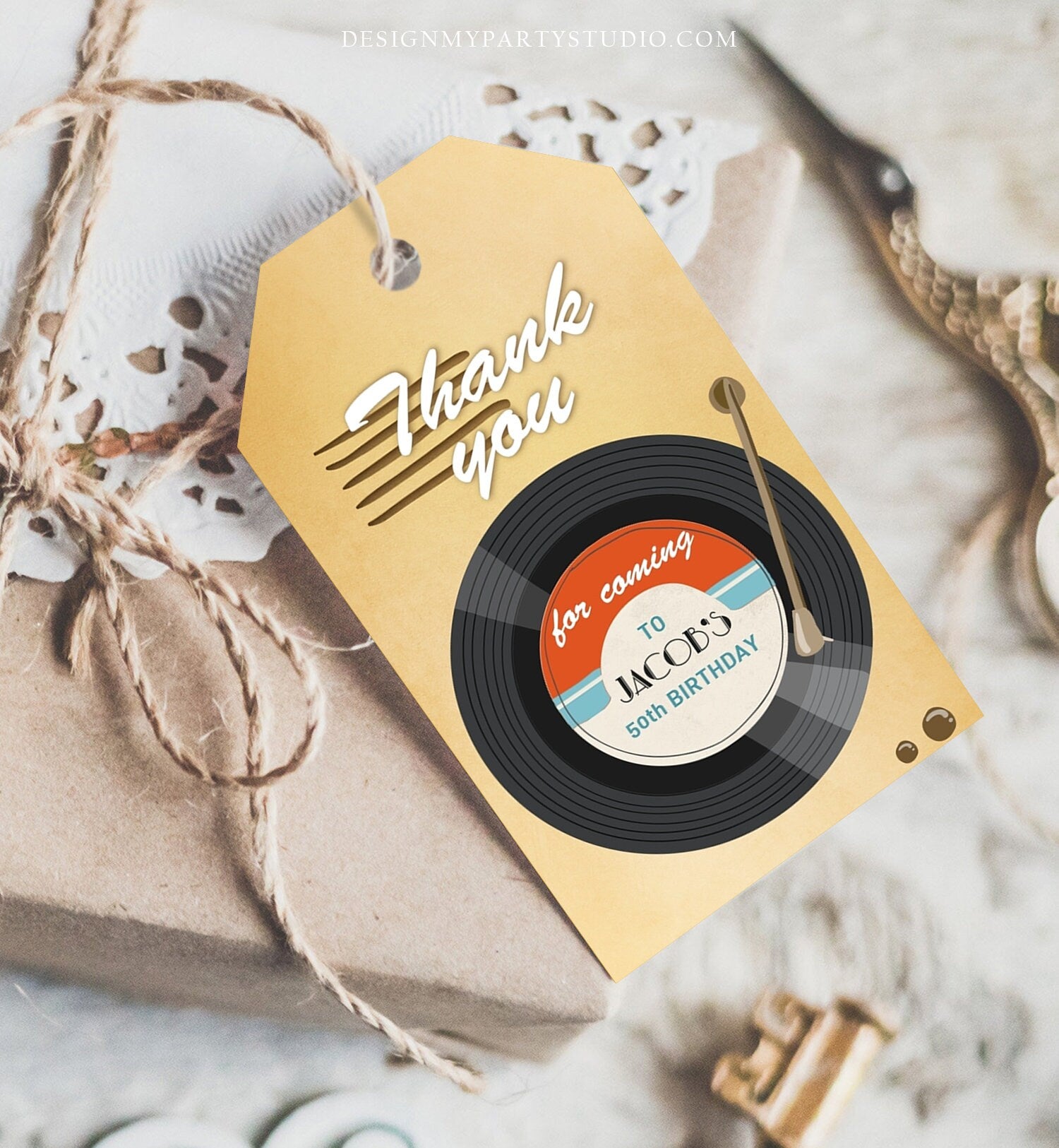 Editable Thank You Favor Tags Vintage Vinyl Record Adult Birthday Tags Oldies Disco Surprise Dancing Party Printable Corjl Template 0294