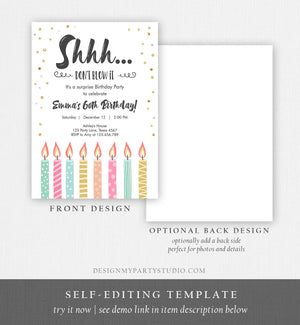 Editable Candles Surprise Birthday Invitation Shhh It's A Surprise Party 30th 40th 50th 60th Adult Download Corjl Template Printable 0277