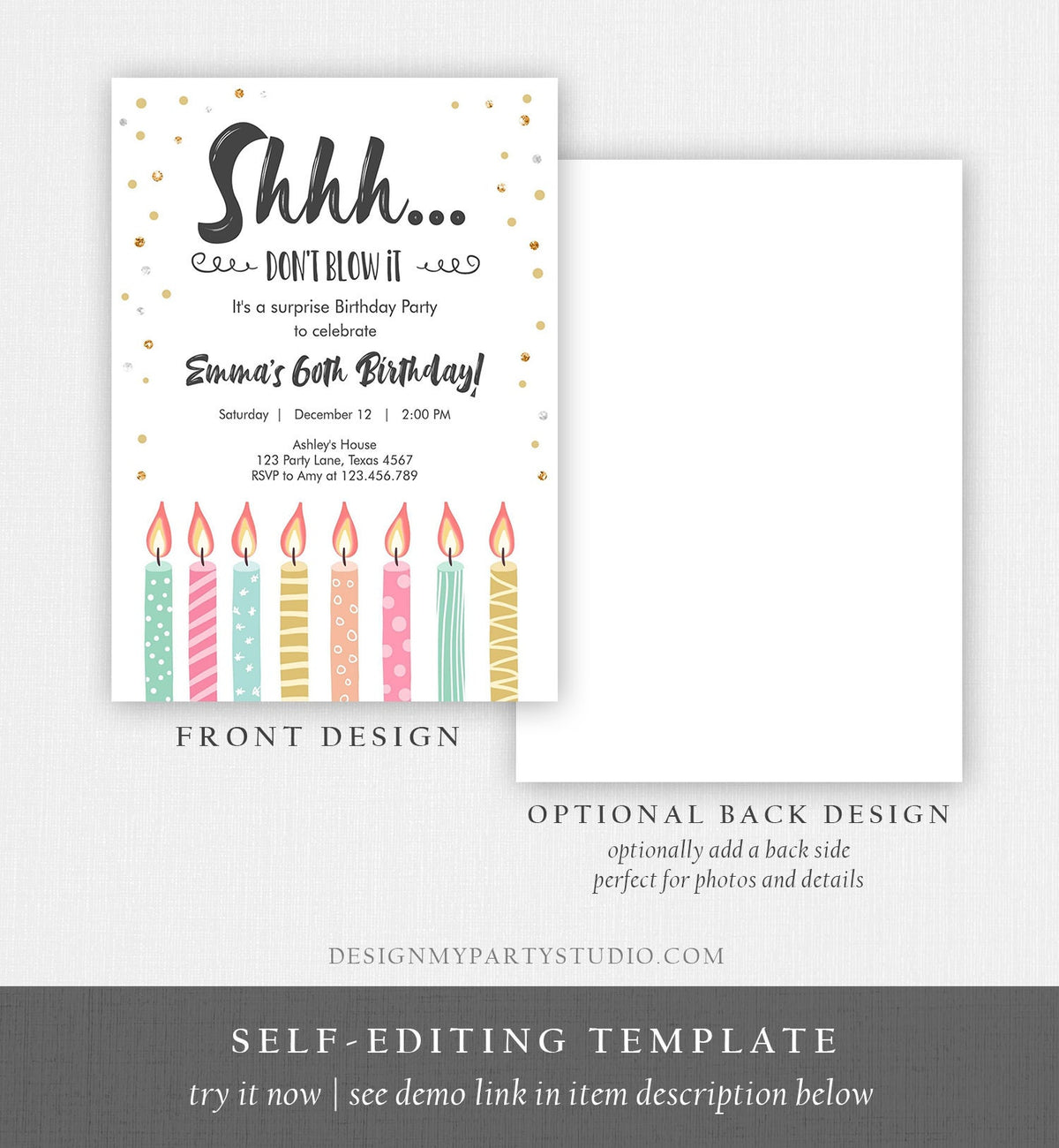 Editable Candles Surprise Birthday Invitation Shhh It&#39;s A Surprise Party 30th 40th 50th 60th Adult Download Corjl Template Printable 0277