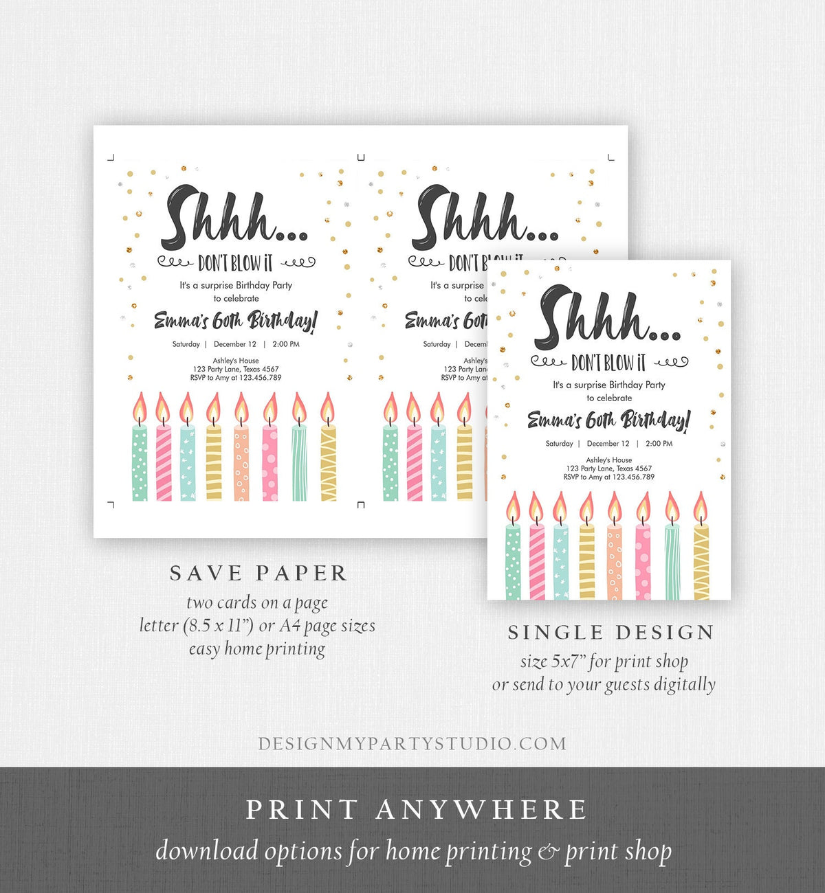 Editable Candles Surprise Birthday Invitation Shhh It&#39;s A Surprise Party 30th 40th 50th 60th Adult Download Corjl Template Printable 0277