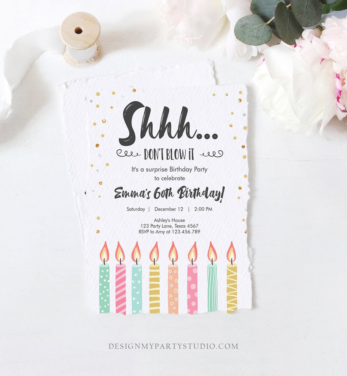 Editable Candles Surprise Birthday Invitation Shhh It&#39;s A Surprise Party 30th 40th 50th 60th Adult Download Corjl Template Printable 0277