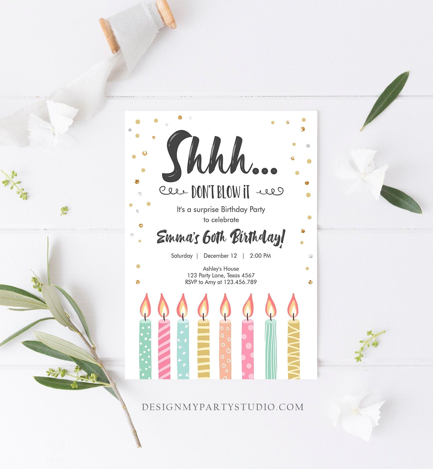 Editable Candles Surprise Birthday Invitation Shhh It&#39;s A Surprise Party 30th 40th 50th 60th Adult Download Corjl Template Printable 0277