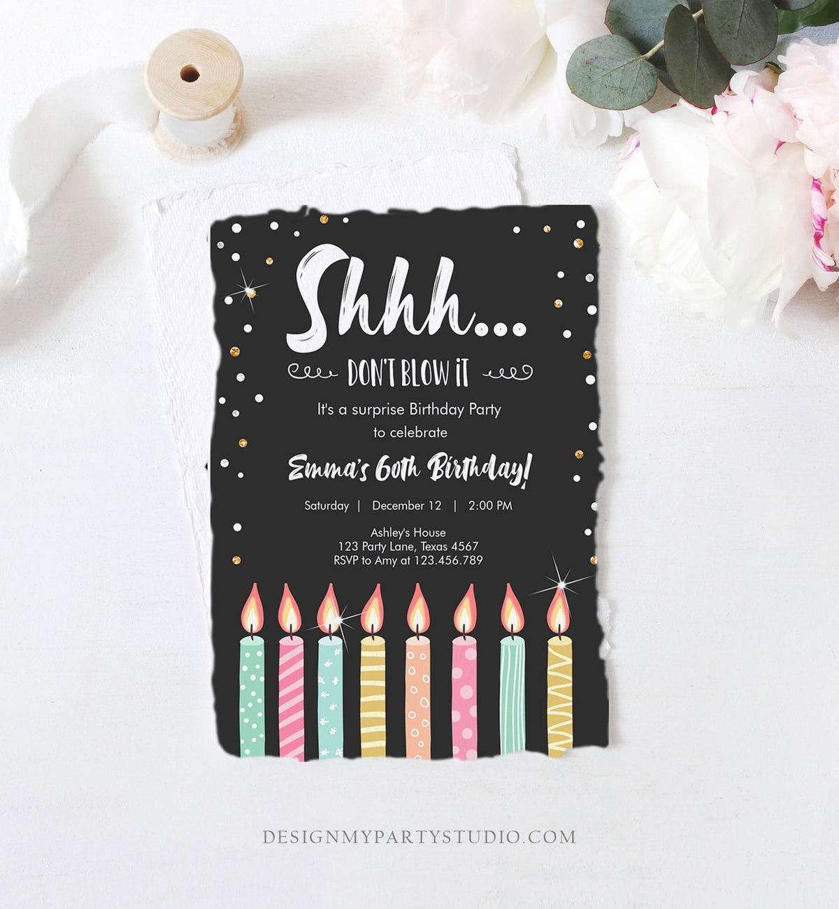 Editable Candles Surprise Birthday Invitation Shhh It&#39;s A Surprise Party 30th 40th 50th 60th Adult Download Corjl Template Printable 0277