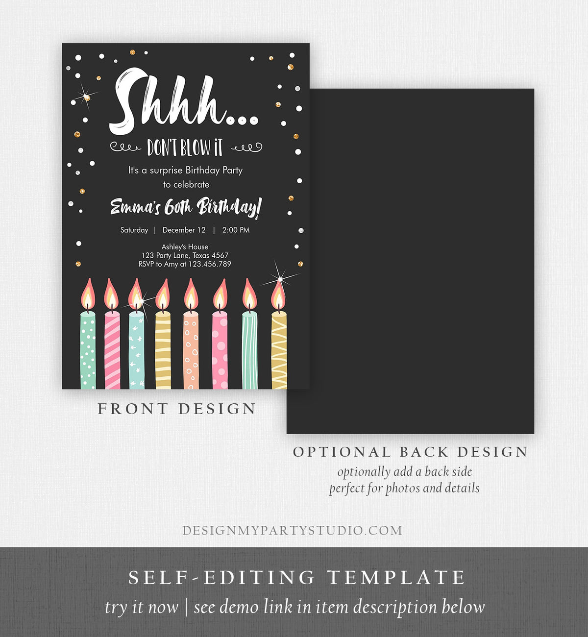 Editable Candles Surprise Birthday Invitation Shhh It&#39;s A Surprise Party 30th 40th 50th 60th Adult Download Corjl Template Printable 0277