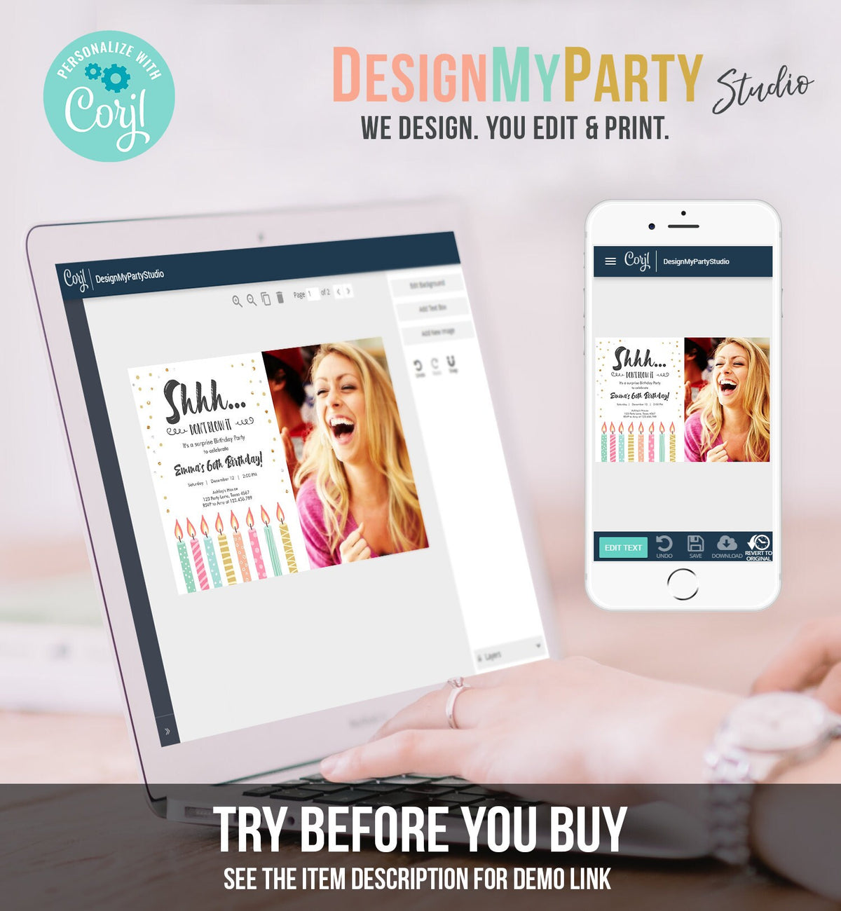 Editable Candles Surprise Birthday Invitation Shhh It&#39;s A Surprise Party 30th 40th 50th 60th Adult Digital Download Template Printable 0277