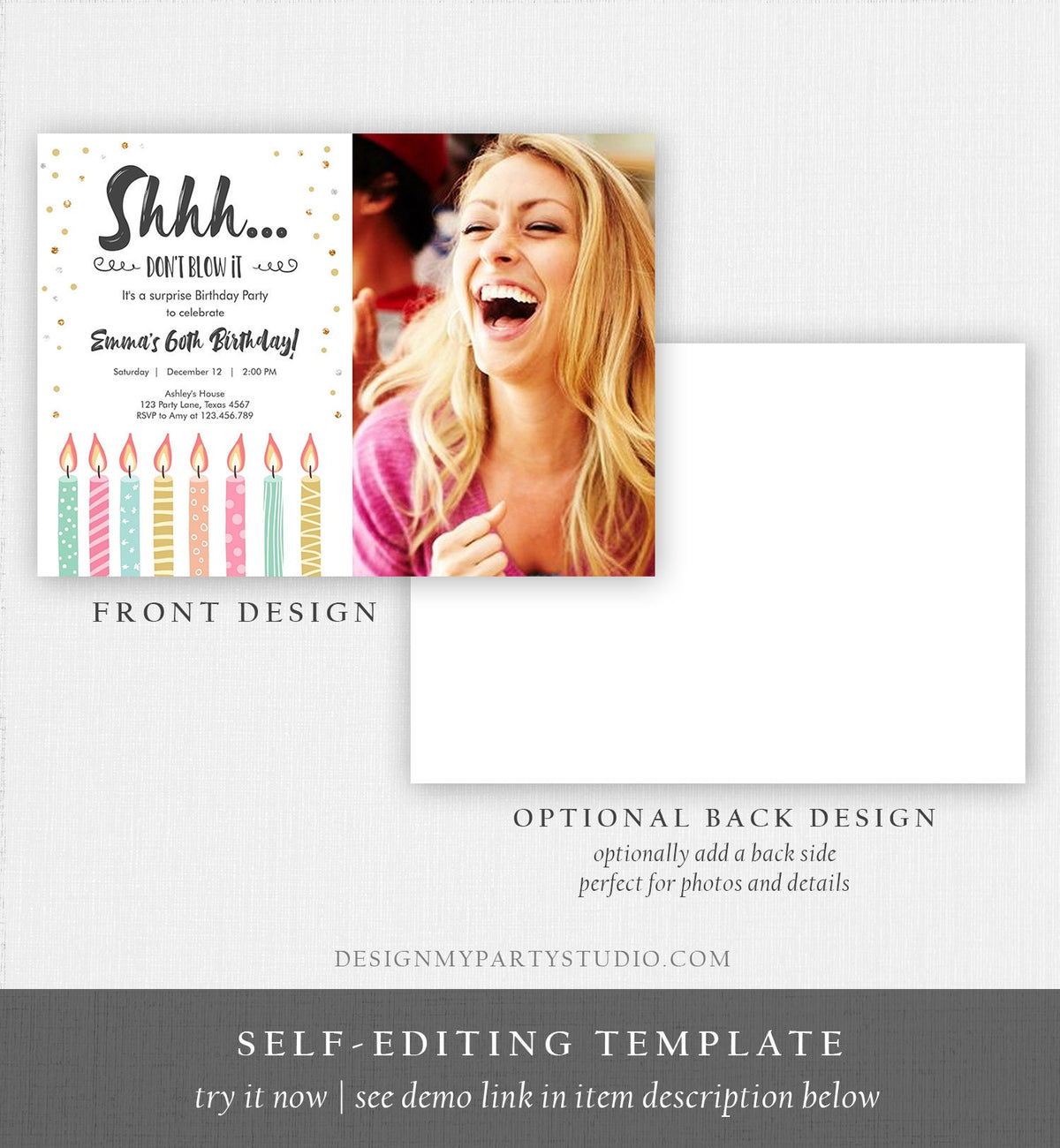 Editable Candles Surprise Birthday Invitation Shhh It&#39;s A Surprise Party 30th 40th 50th 60th Adult Digital Download Template Printable 0277
