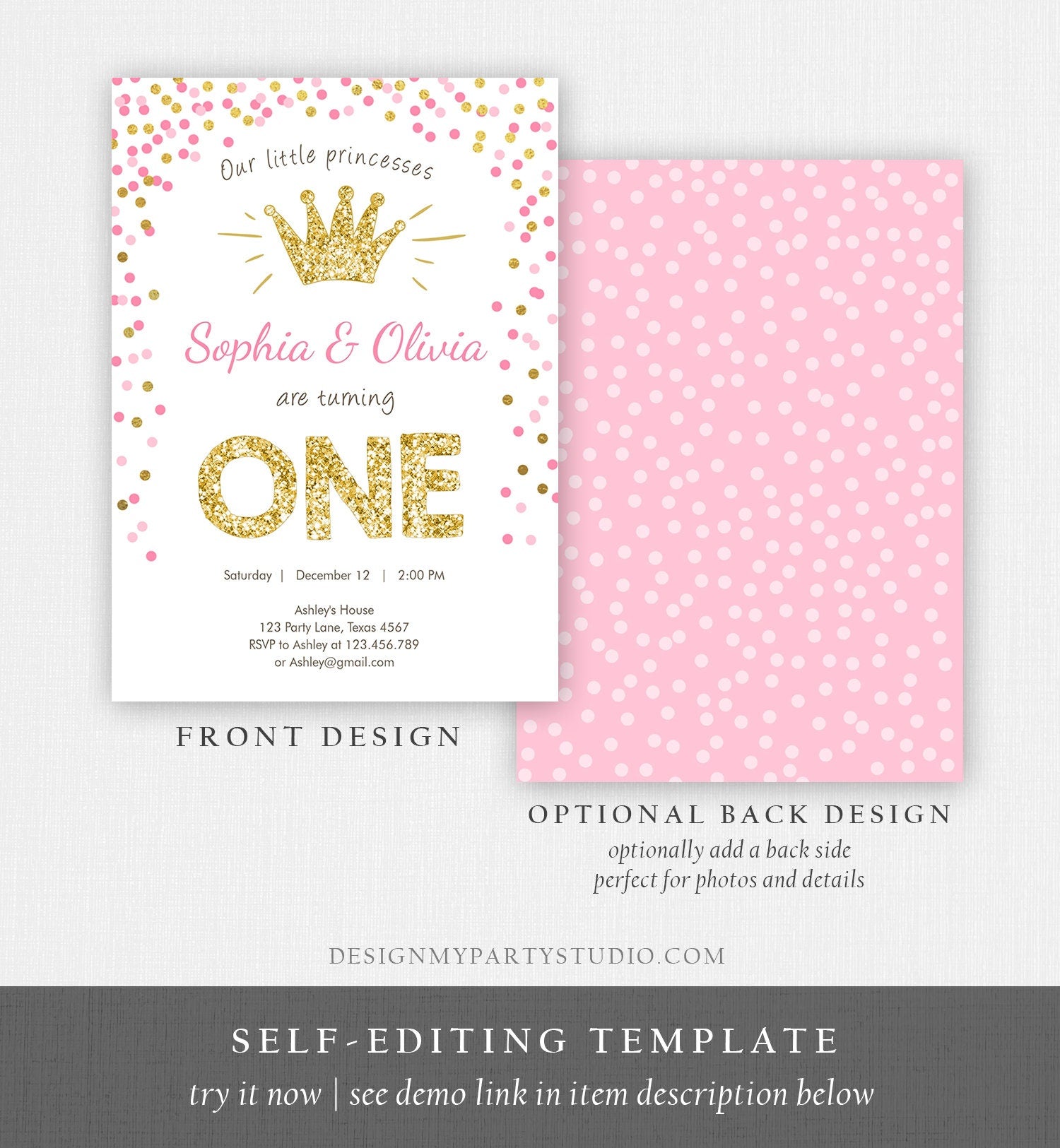 Editable Little Princesses Twins Birthday Invitation Girl Pink Gold First Birthday 1st ANY AGE Confetti Crown Corjl Template Printable 0047
