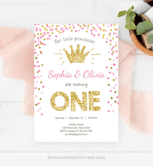 Editable Little Princesses Twins Birthday Invitation Girl Pink Gold First Birthday 1st ANY AGE Confetti Crown Corjl Template Printable 0047