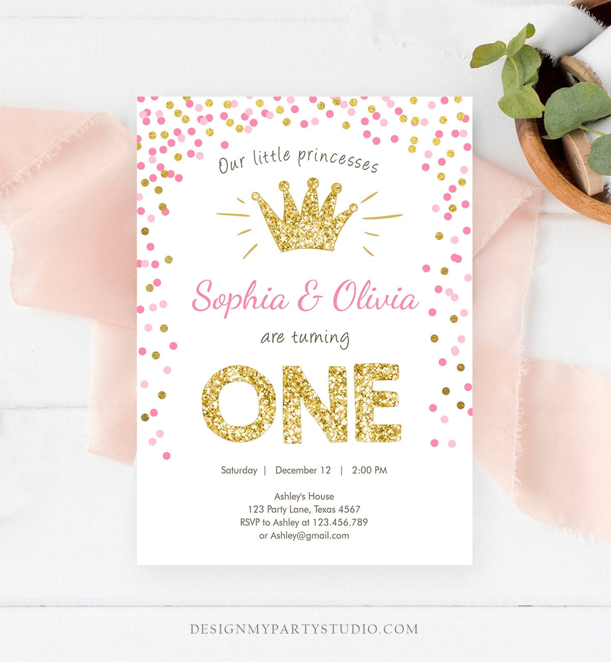 Editable Little Princesses Twins Birthday Invitation Girl Pink Gold First Birthday 1st ANY AGE Confetti Crown Corjl Template Printable 0047