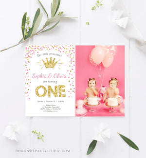 Editable Little Princesses Twins Birthday Invitation Girl Pink Gold First Birthday 1st ANY AGE Confetti Crown Corjl Template Printable 0047