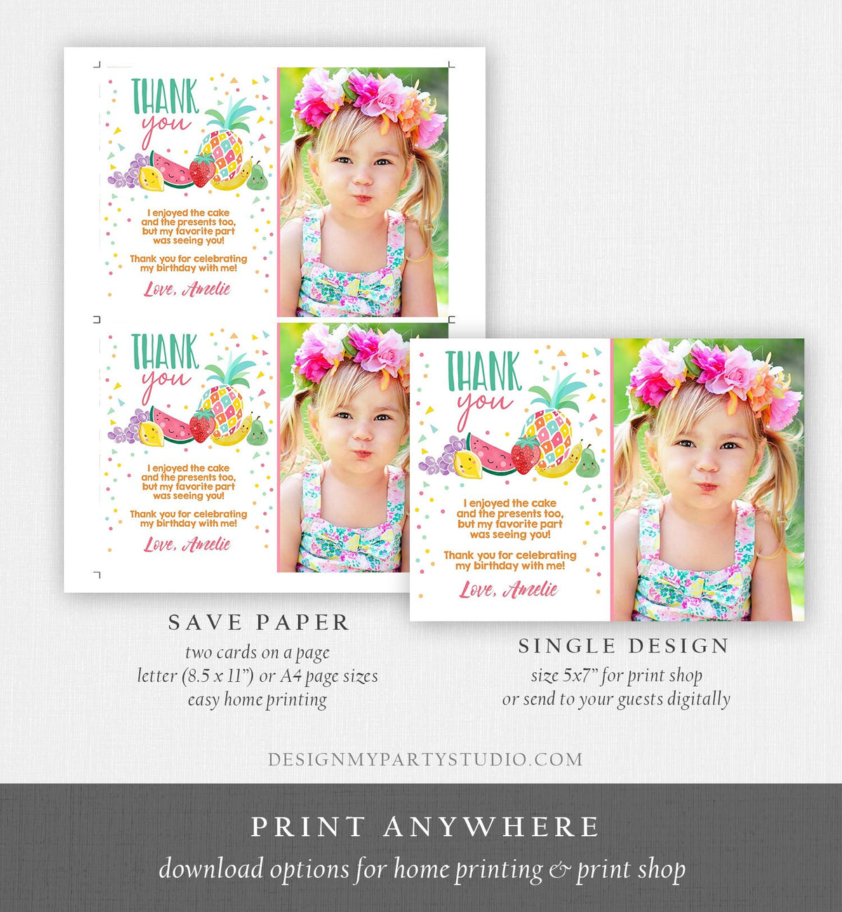 Editable Twotti Frutti Thank You Card Fruit Birthday Two-tti Fruiti Birthday Summer Fruit Download Printable Template Digital Corjl 0139