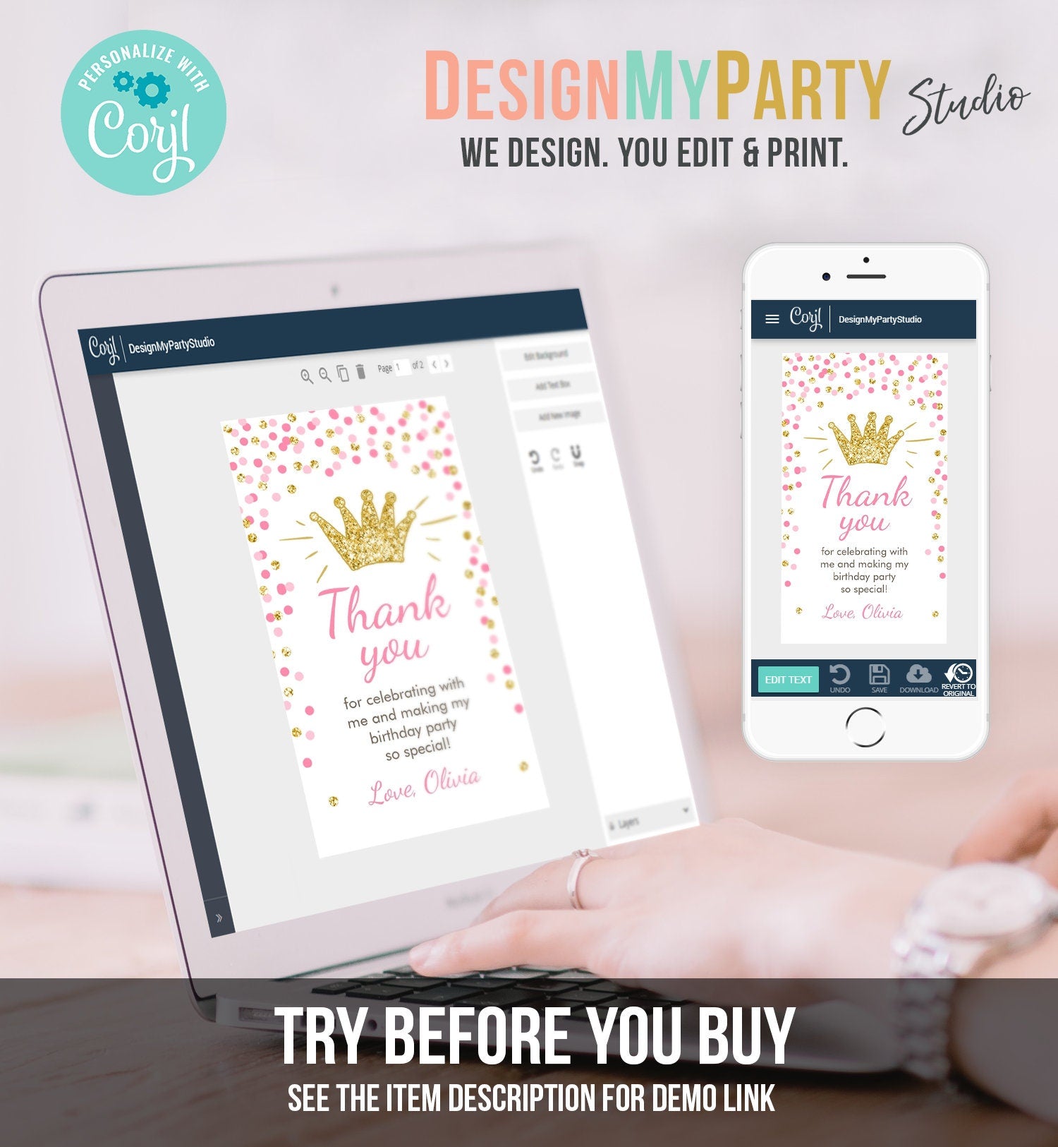 Editable Little Princess Favor Tags Thank You Girl Birthday Pink Gold Confetti Crown Royal Party Download Corjl Template Printable 0047