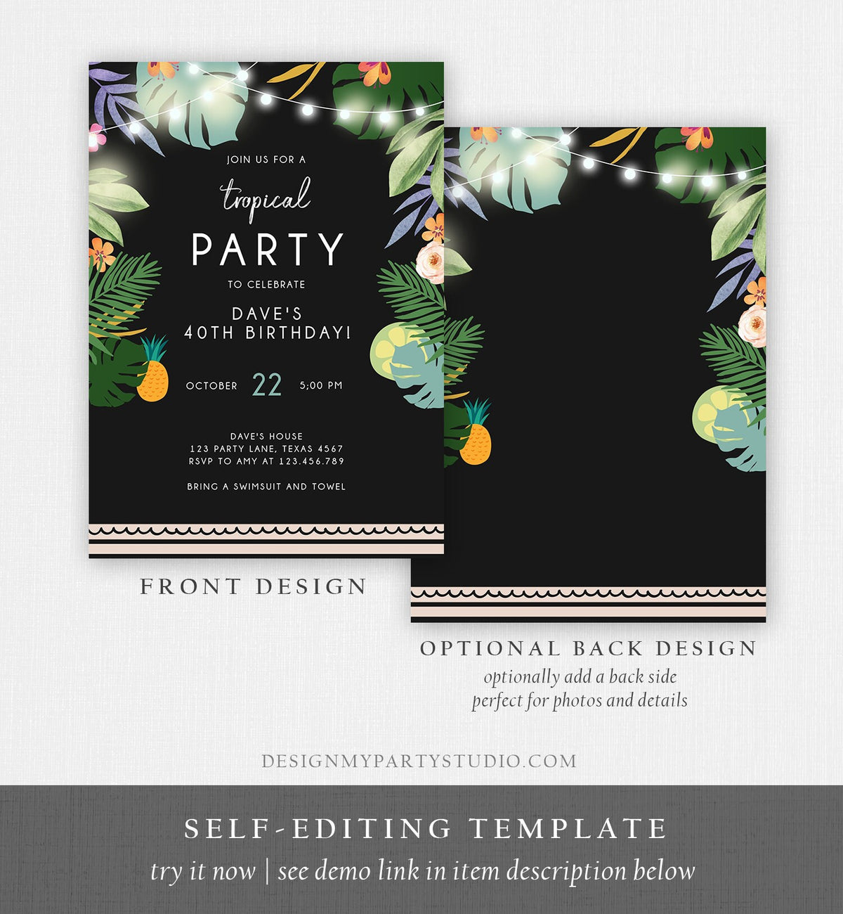 Editable Tropical Birthday Invitation Tropical Party Adult Birthday Man Woman Palm Leaves Hawaiian Download Template Corjl Printable 0183