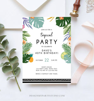 Editable Tropical Birthday Invitation Tropical Party Adult Birthday Woman Man Palm Leaves Hawaiian Download Printable Template Corjl 0183
