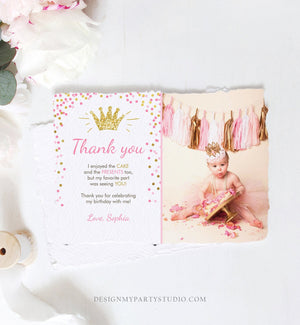 Editable Princess Thank You Card Girl Pink Gold Crown Birthday Thank You Note Royal First Birthday Digital Corjl Template Printable 0047