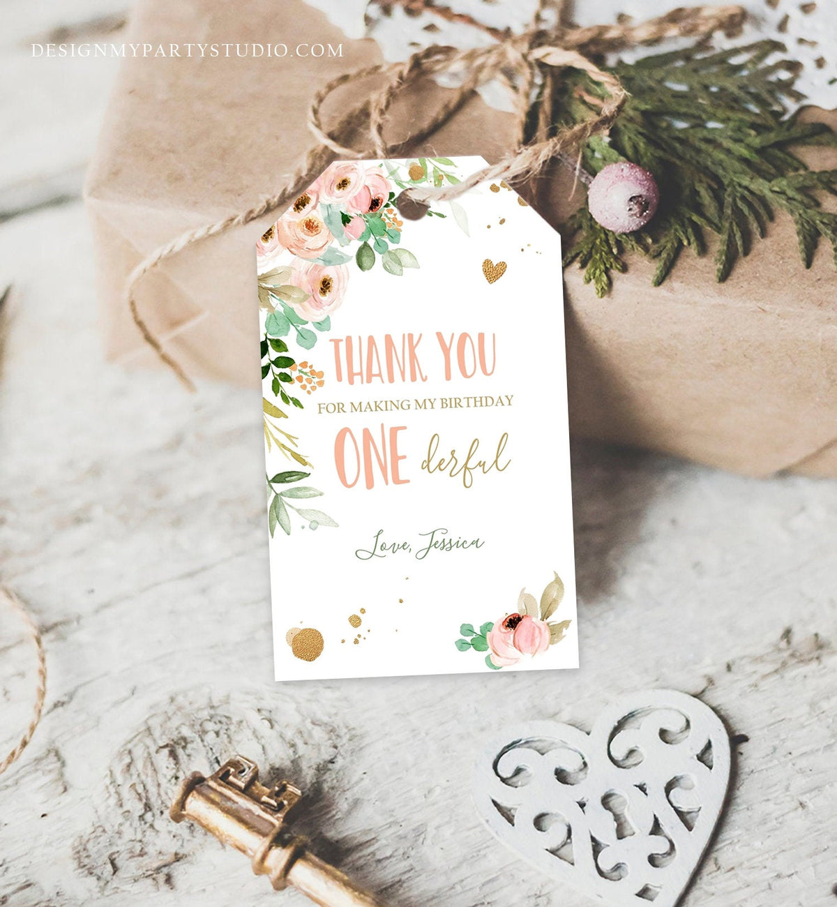 Editable Floral Favor tags Little Miss Onederful Birthday Thank you tag Girl Pink and Gold Peonies Flowers Digital Template Printable 0147