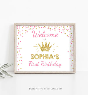 Editable Princess Welcome Sign Girl Pink Gold Confetti First Birthday Party Table Sign Bridal Shower Crown Corjl Template Printable 0047
