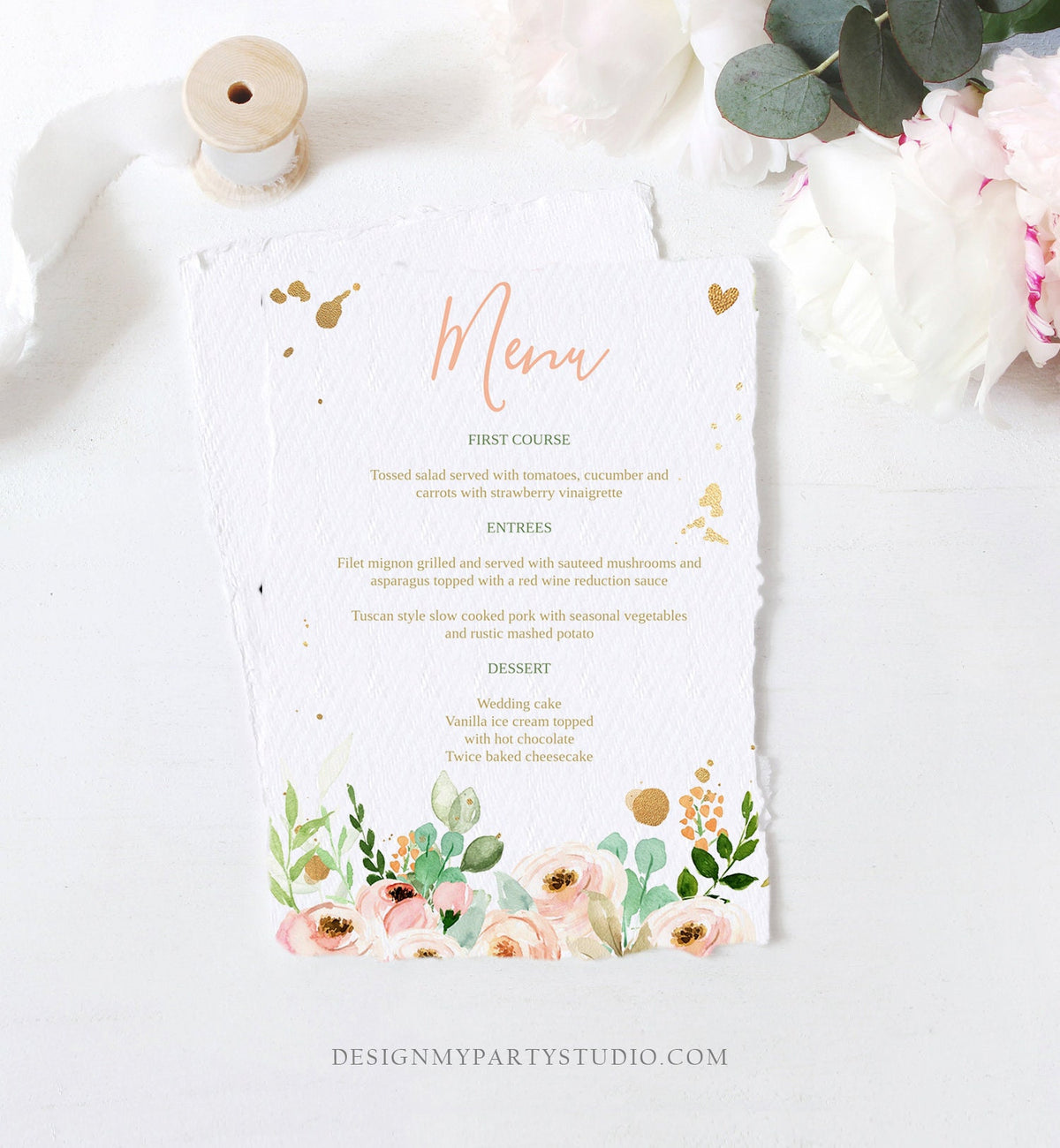 Editable Menu Card Floral Peach Pink and Gold Wedding Menu Bridal Shower Peonies Instant Download Printable Menu Template Corjl 0147