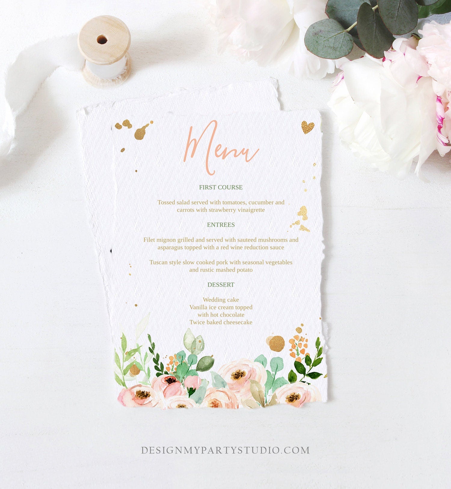 Editable Menu Card Floral Peach Pink and Gold Wedding Menu Bridal Shower Peonies Instant Download Printable Menu Template Corjl 0147