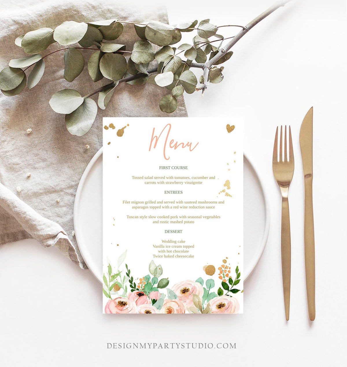 Editable Menu Card Floral Peach Pink and Gold Wedding Menu Bridal Shower Peonies Instant Download Printable Menu Template Corjl 0147