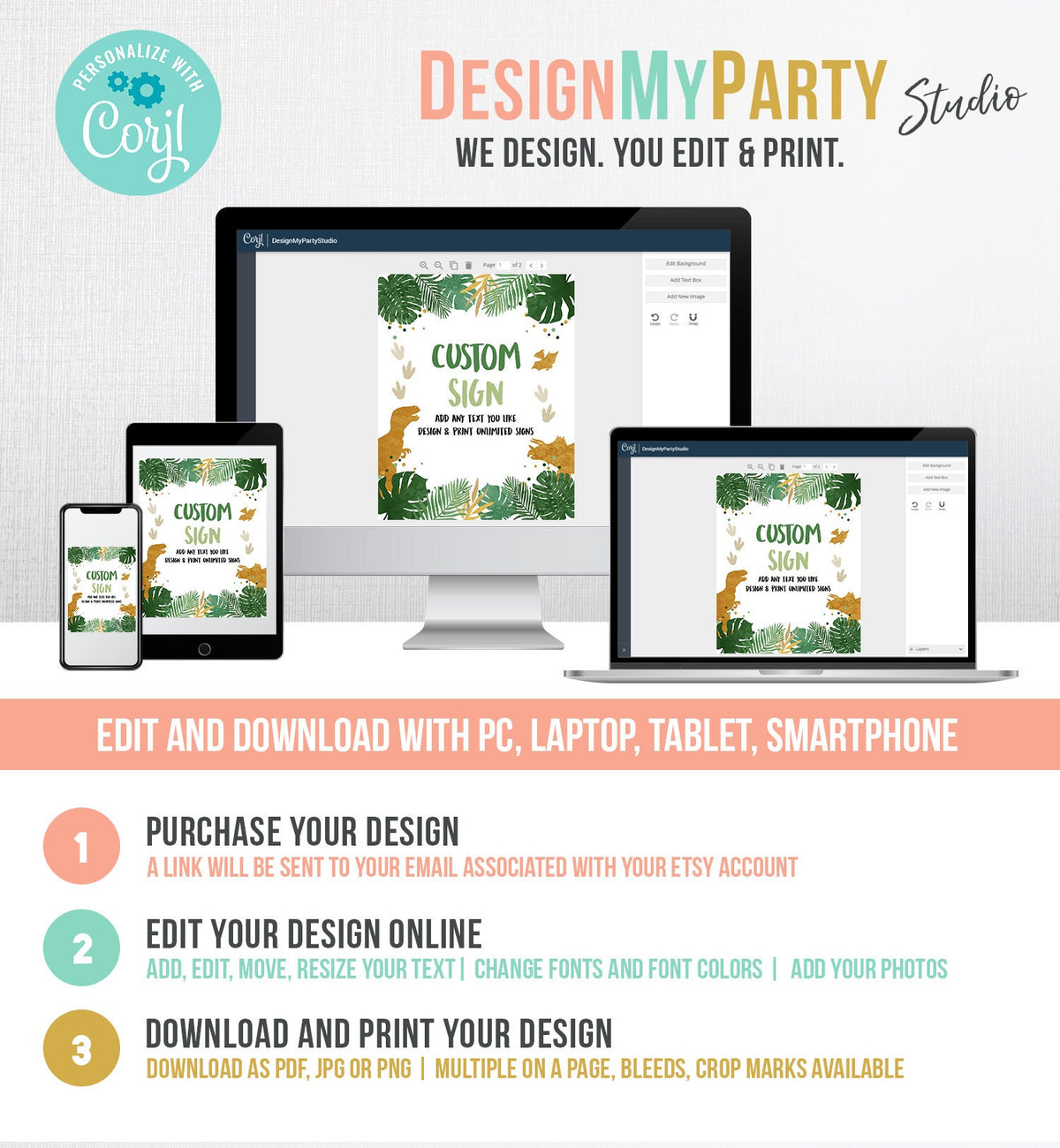 Editable Custom Sign Dinosaurs Dino Sign Birthday Decor Animals Table Sign Green Gold Boy 8x10 T-Rex Party Digital Template Printable 0146