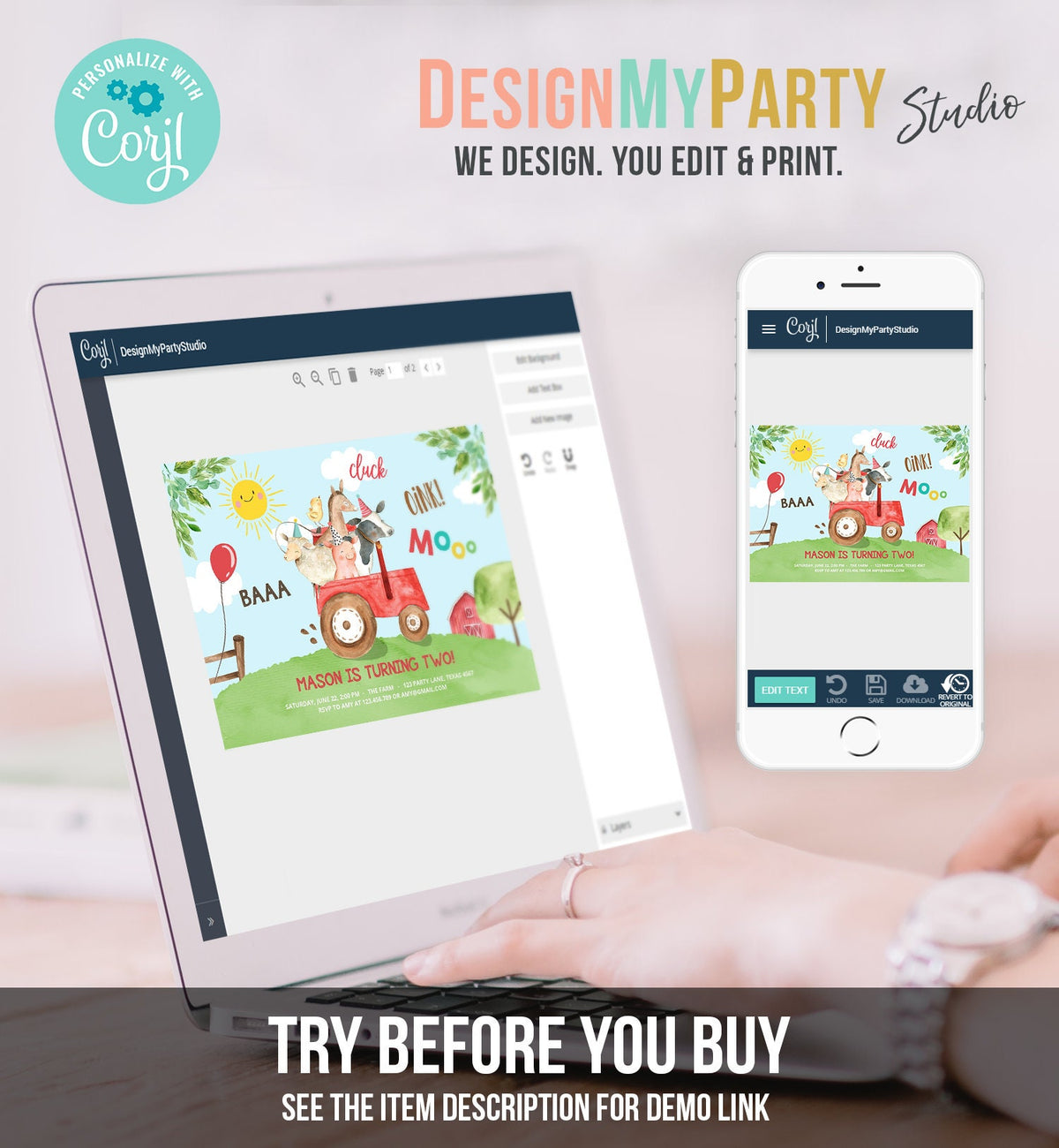 Editable Farm Animals Birthday Invitation Boy Parry Animals Red Tractor Barn Barnyard Cow Pig Template Digital Download Printable 0155