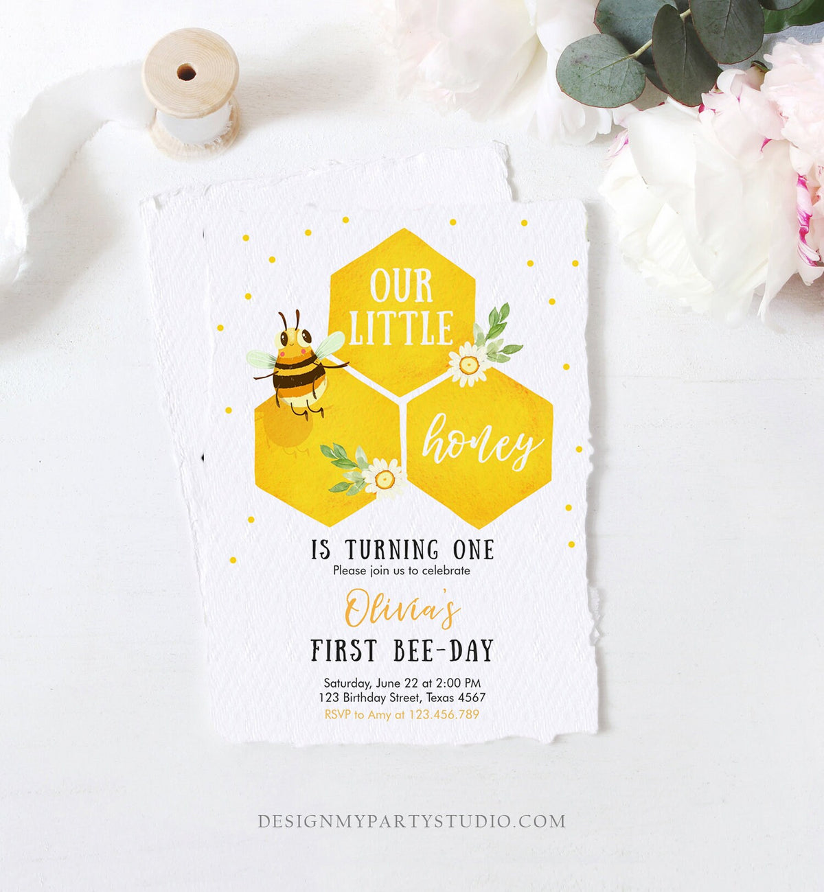 Editable Little Honey Birthday Party Invitation Bee-Day Invite Bee Party Bee Birthday Summer Download Printable Template Digital Corjl 0317