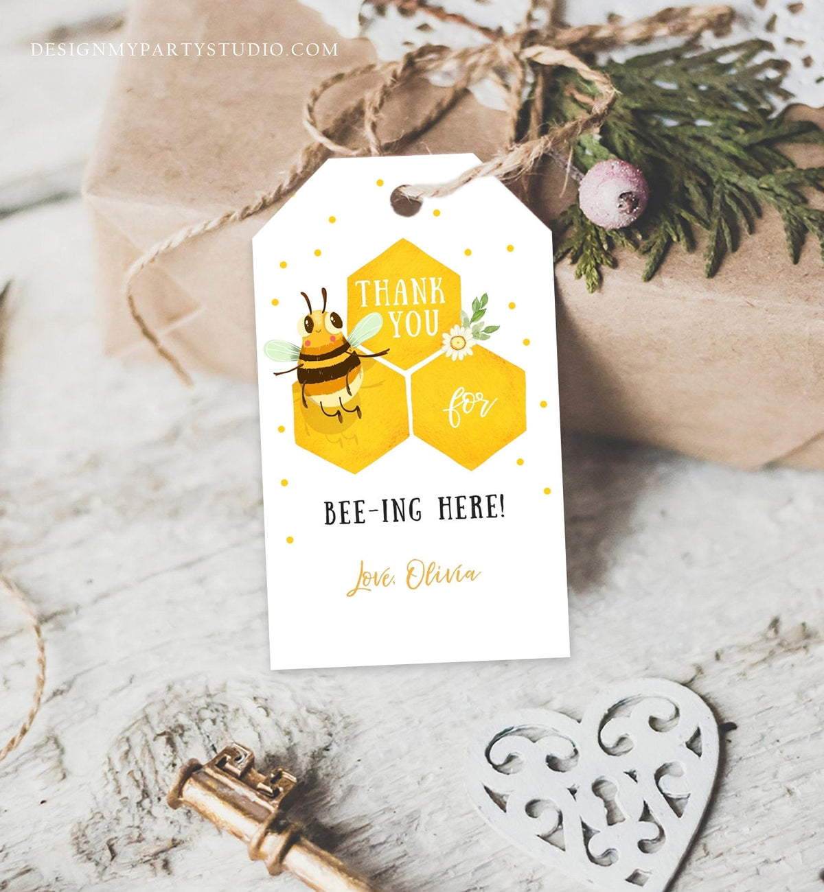 Editable Bee Favor Tags Bee Birthday Bee Baby Shower Thank you tags Thanks for Beeing Here Gender Neutral Template PRINTABLE Corjl 0317