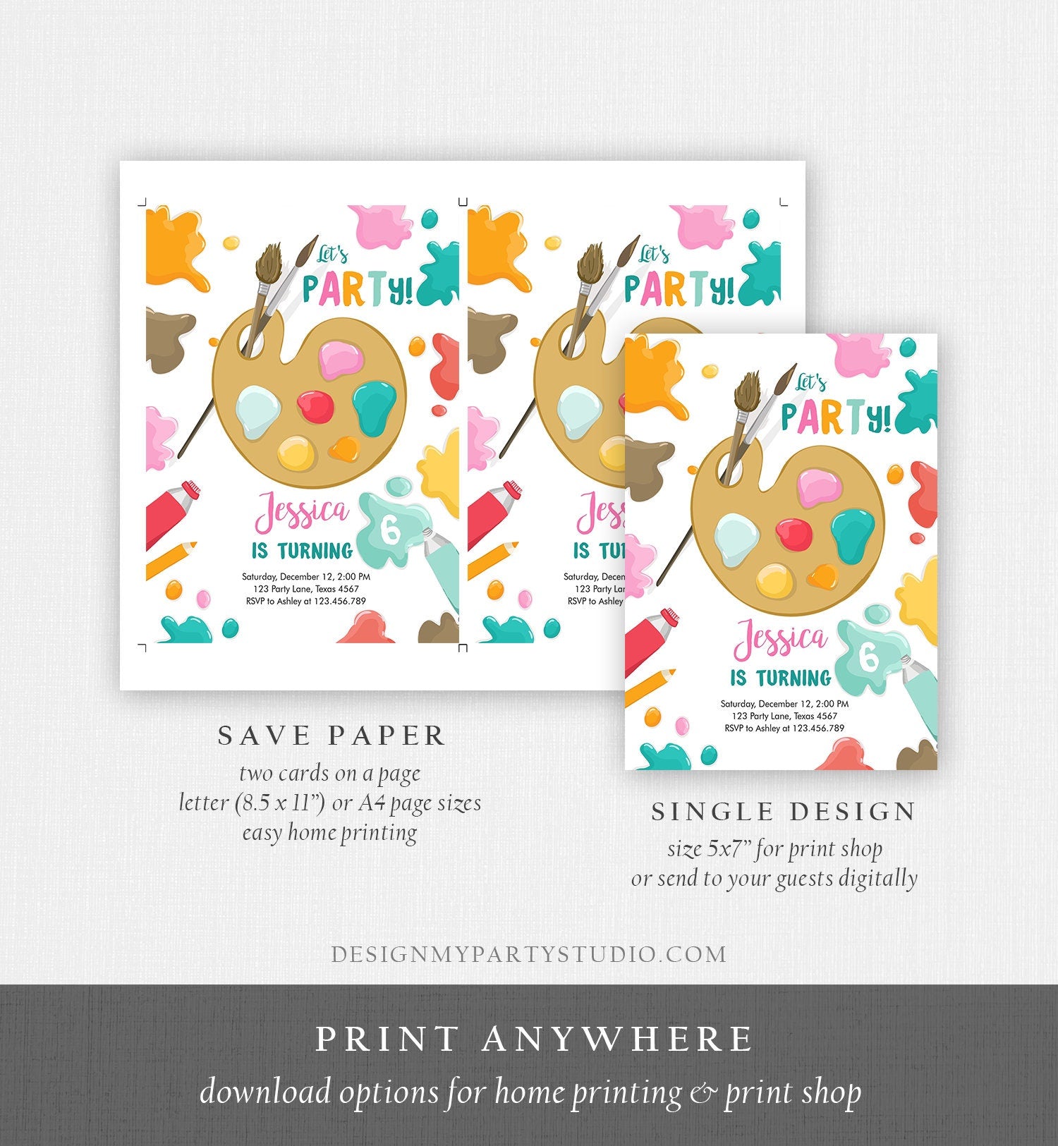 Editable Painting Party Invitation Art Party Birthday Invite Girl Pink Paint Craft Party Digital Download Evite Template Printable 0319