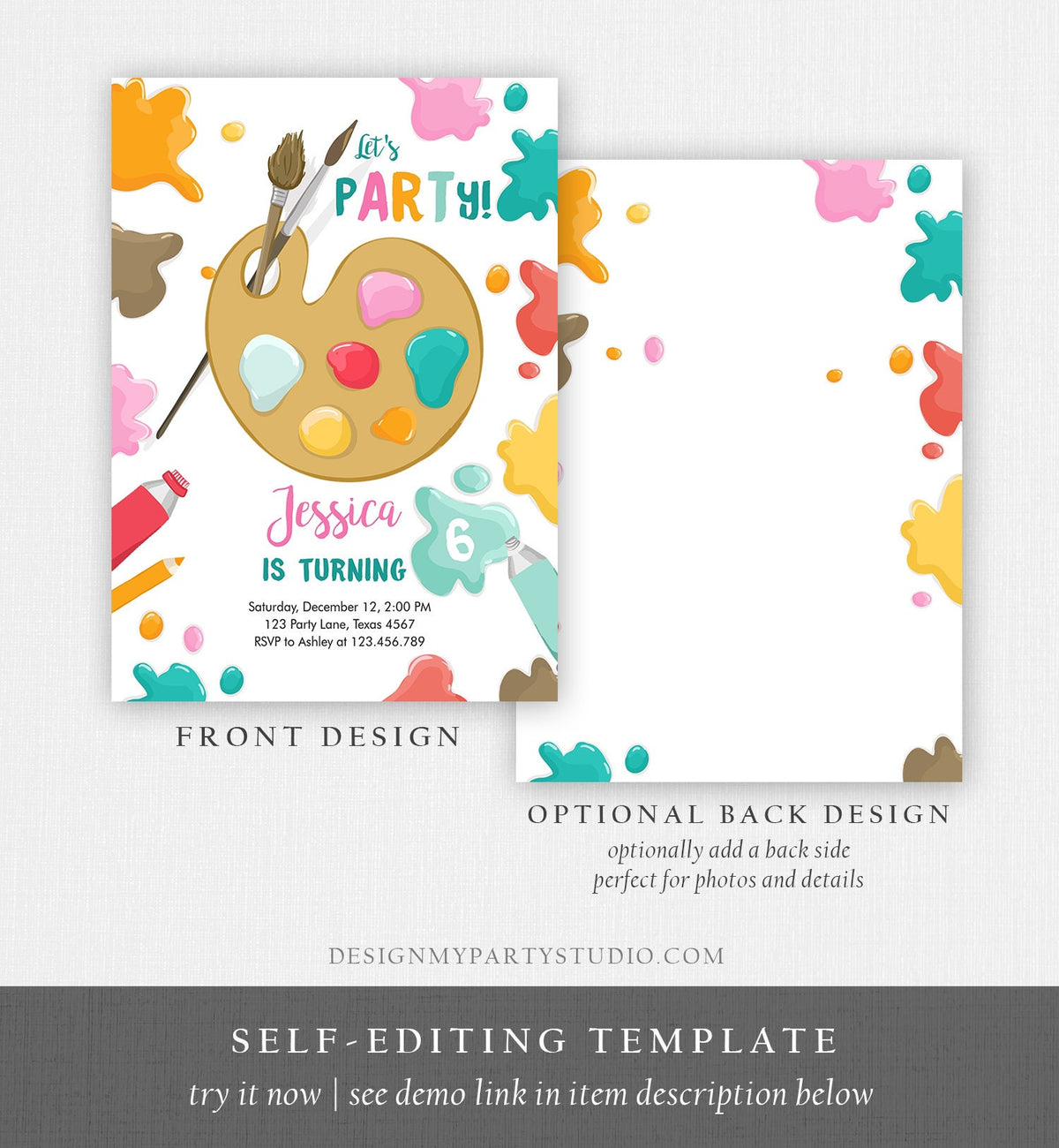 Editable Painting Party Invitation Art Party Birthday Invite Girl Pink Paint Craft Party Digital Download Evite Template Printable 0319
