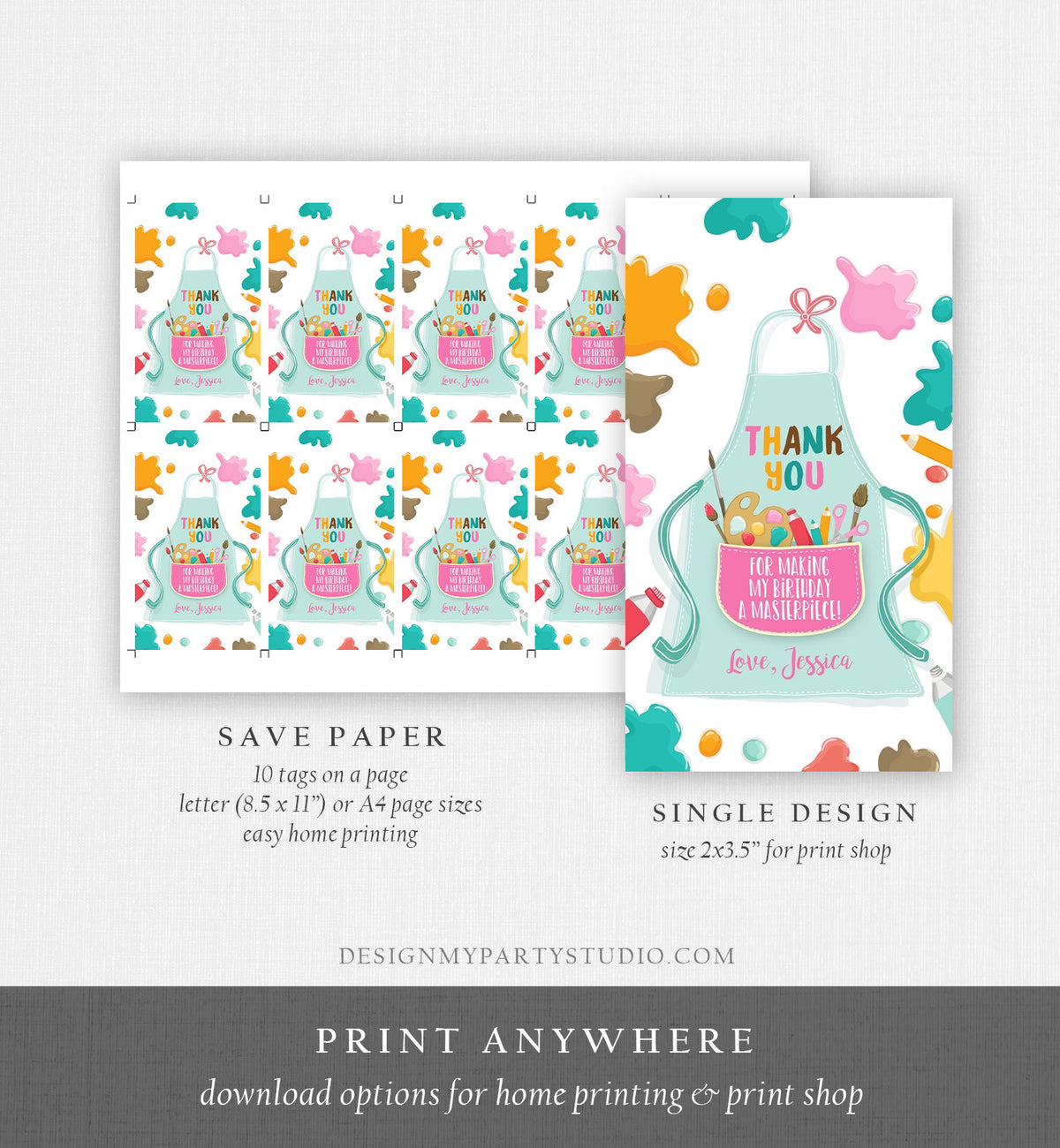 Editable Art Party Favor Tags Painting Party Thank You Tag Gift Tag Art Birthday Girl Pink Craft Paint Brush Digital Template Printable 0319