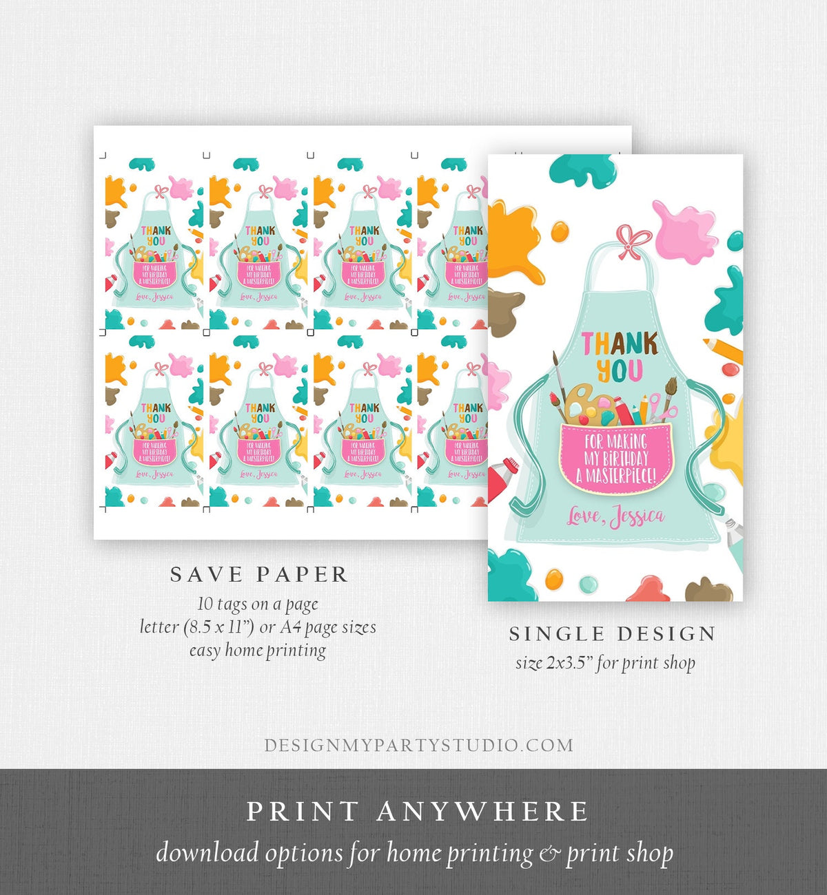 Editable Art Party Favor Tags Painting Party Thank You Tag Gift Tag Art Birthday Girl Pink Craft Paint Brush Digital Template Printable 0319