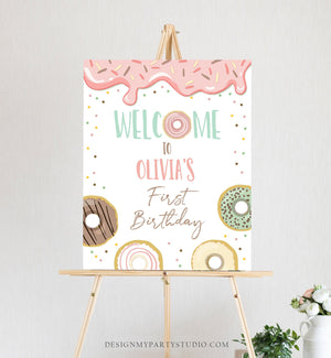 Editable Donut Welcome Sign Donut Birthday Party Pink Girl Two Sweet Decor Pastel Shower Table Sign Download Corjl Template Printable 0320