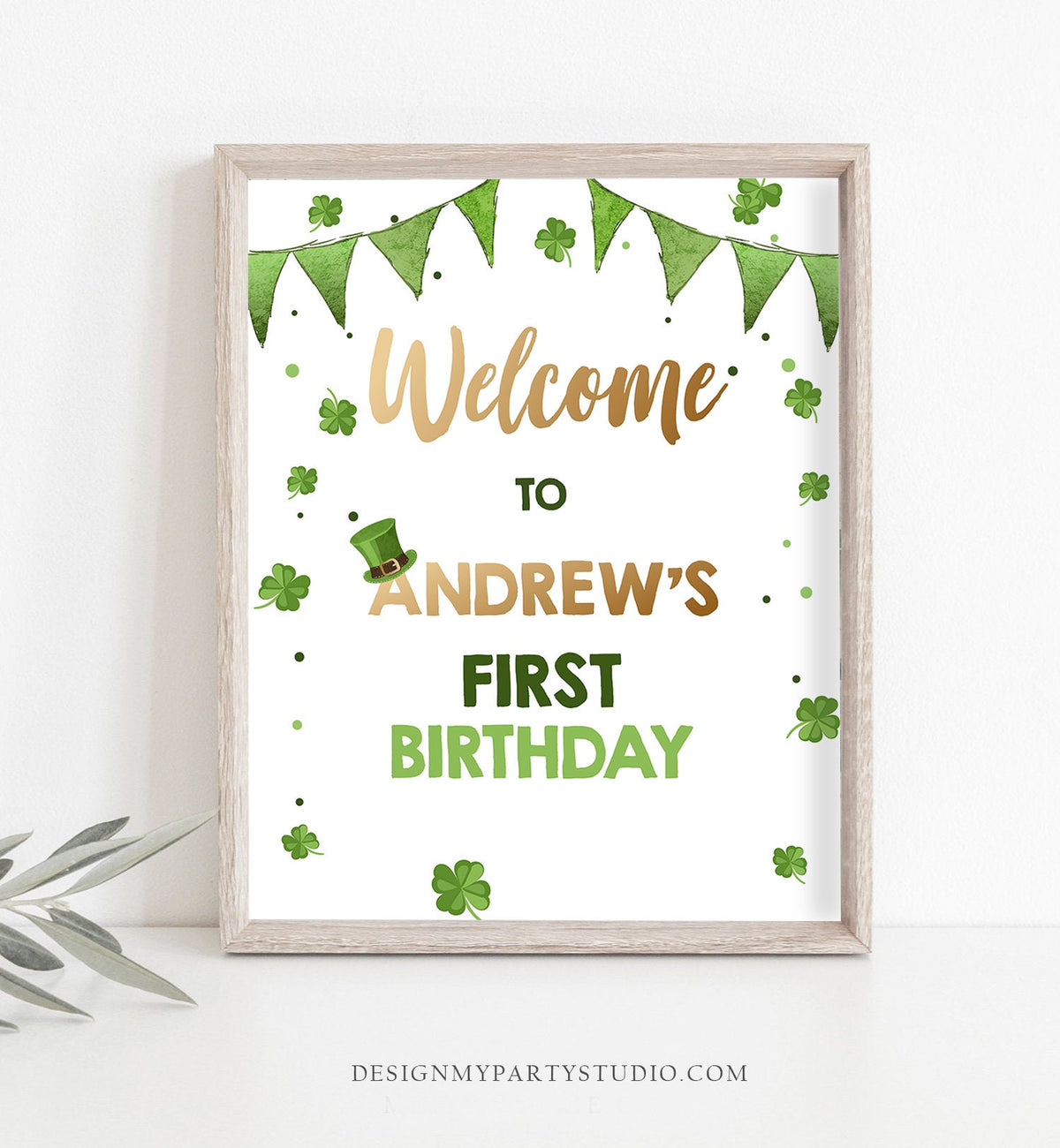 Editable St. Patrick&#39;s Day Welcome Sign Boy Green Gold Lucky 1st Birthday Shamrock St Patricks Day Digital Download Template Printable 0115