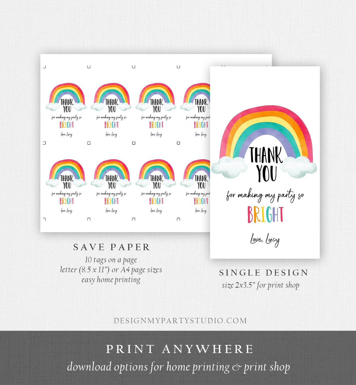 Editable Rainbow Favor Tags Rainbow Birthday Thank you tags Colorful Birthday Tags Girl Boy Neutral Colors Template PRINTABLE Corjl 0272