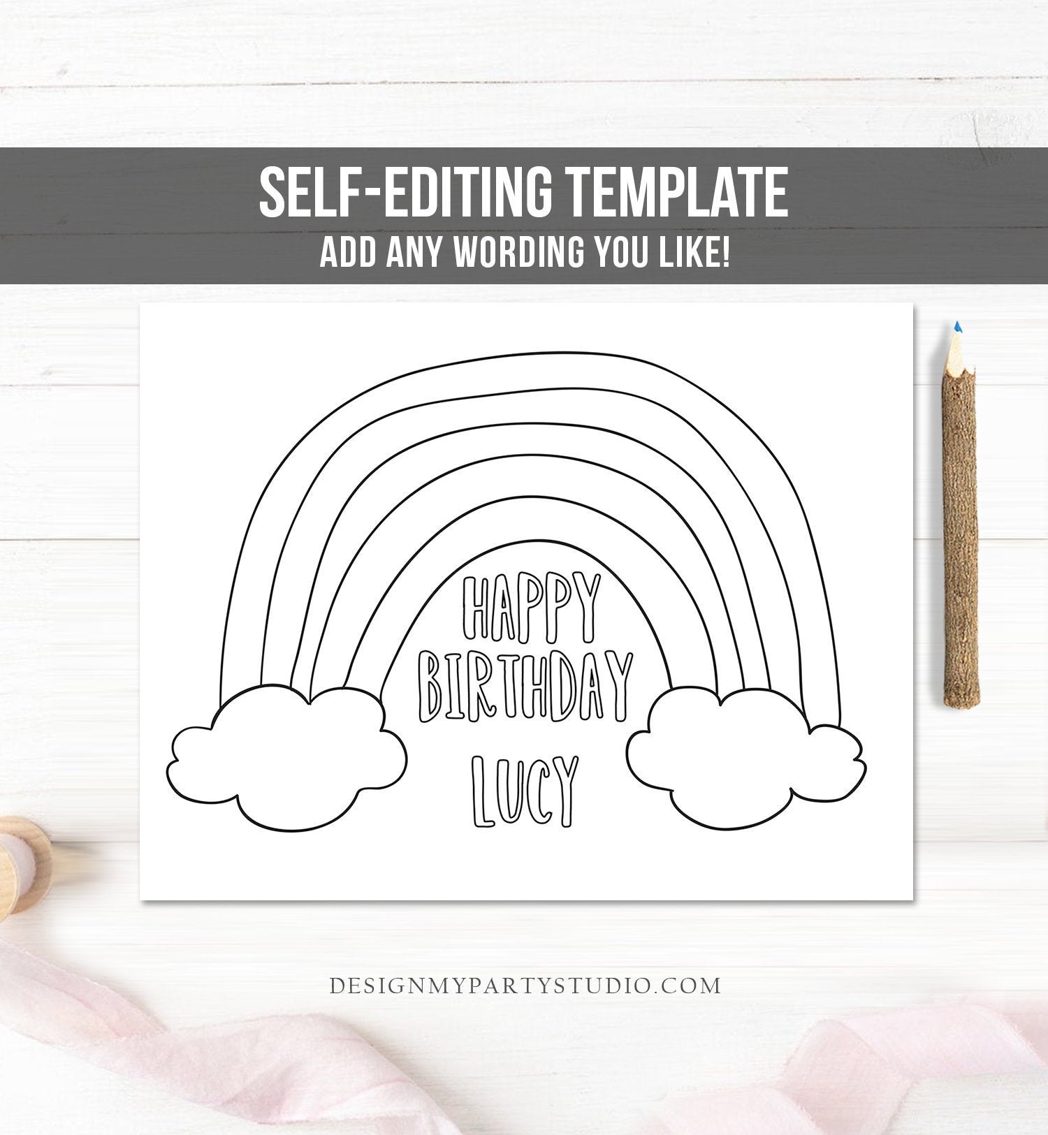 Editable Coloring Page Rainbow Birthday Party Activity Game Rainbow Themed Birthday Rainbow Party Instant Download PRINTABLE Corjl 0272