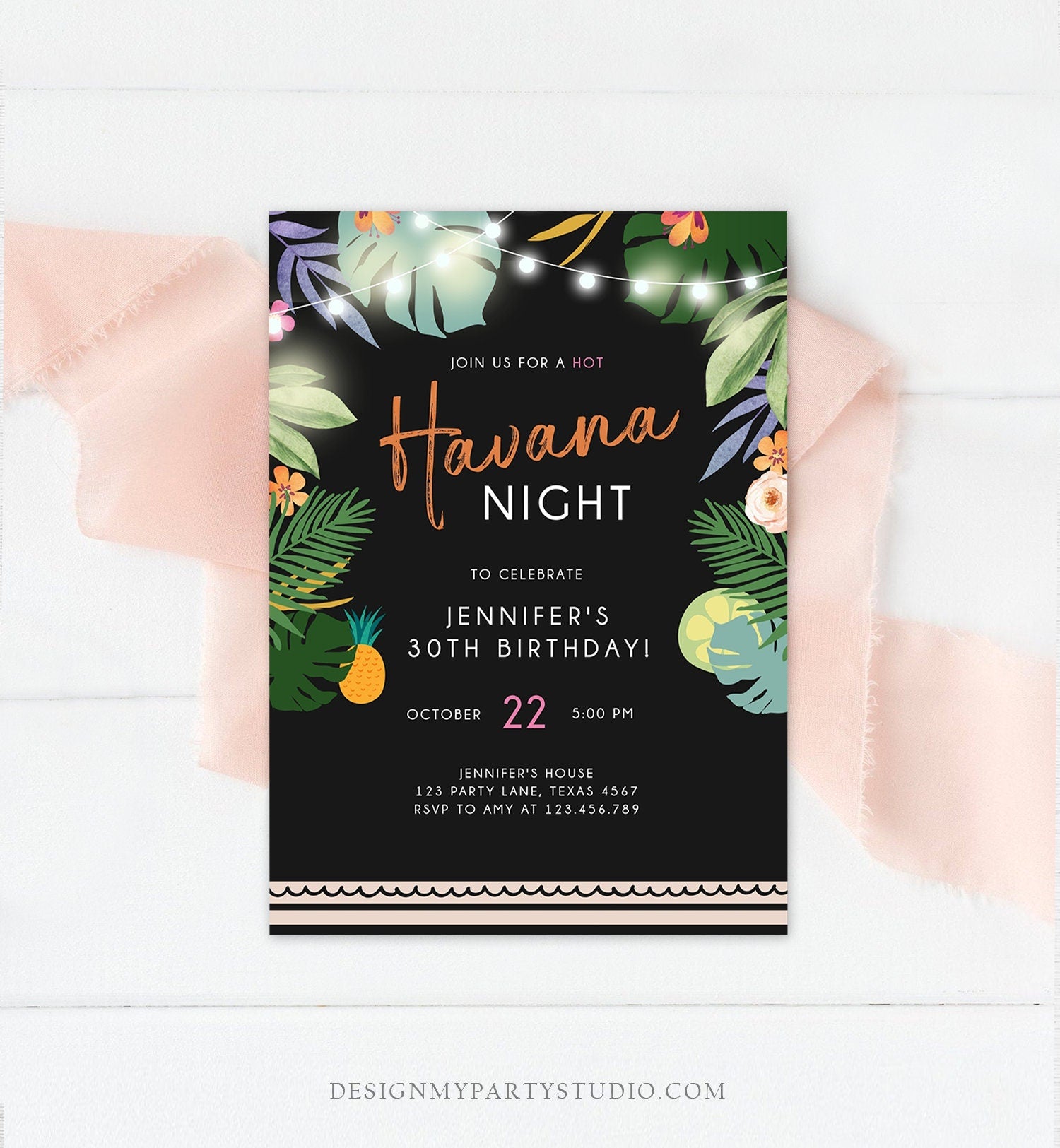 Editable Havana Nights Invitation Night in Havana Birthday Baby Bridal Shower Vintage Beach Digital Download Evite Template Printable 0287