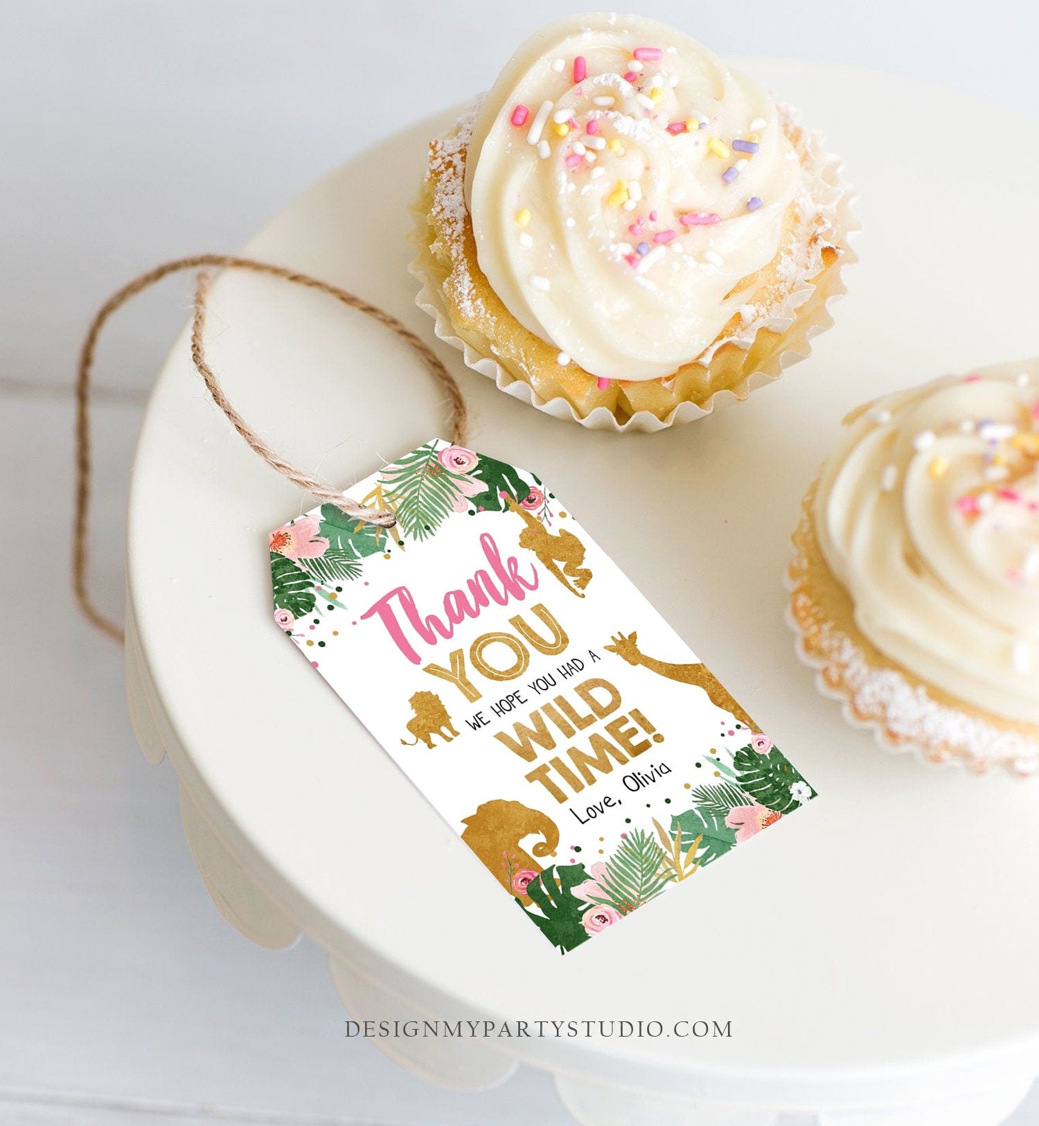 Editable Safari Animals Favor Tag Wild One Thank You Wild Time Label Jungle Girl Gold Pink Gift Digital Download Template Printable 0016