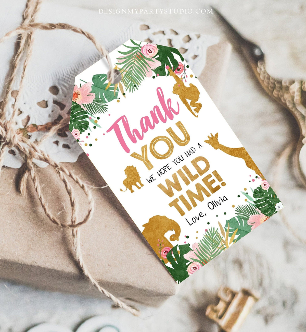 Editable Safari Animals Favor Tag Wild One Thank You Wild Time Label Jungle Girl Gold Pink Gift Digital Download Template Printable 0016
