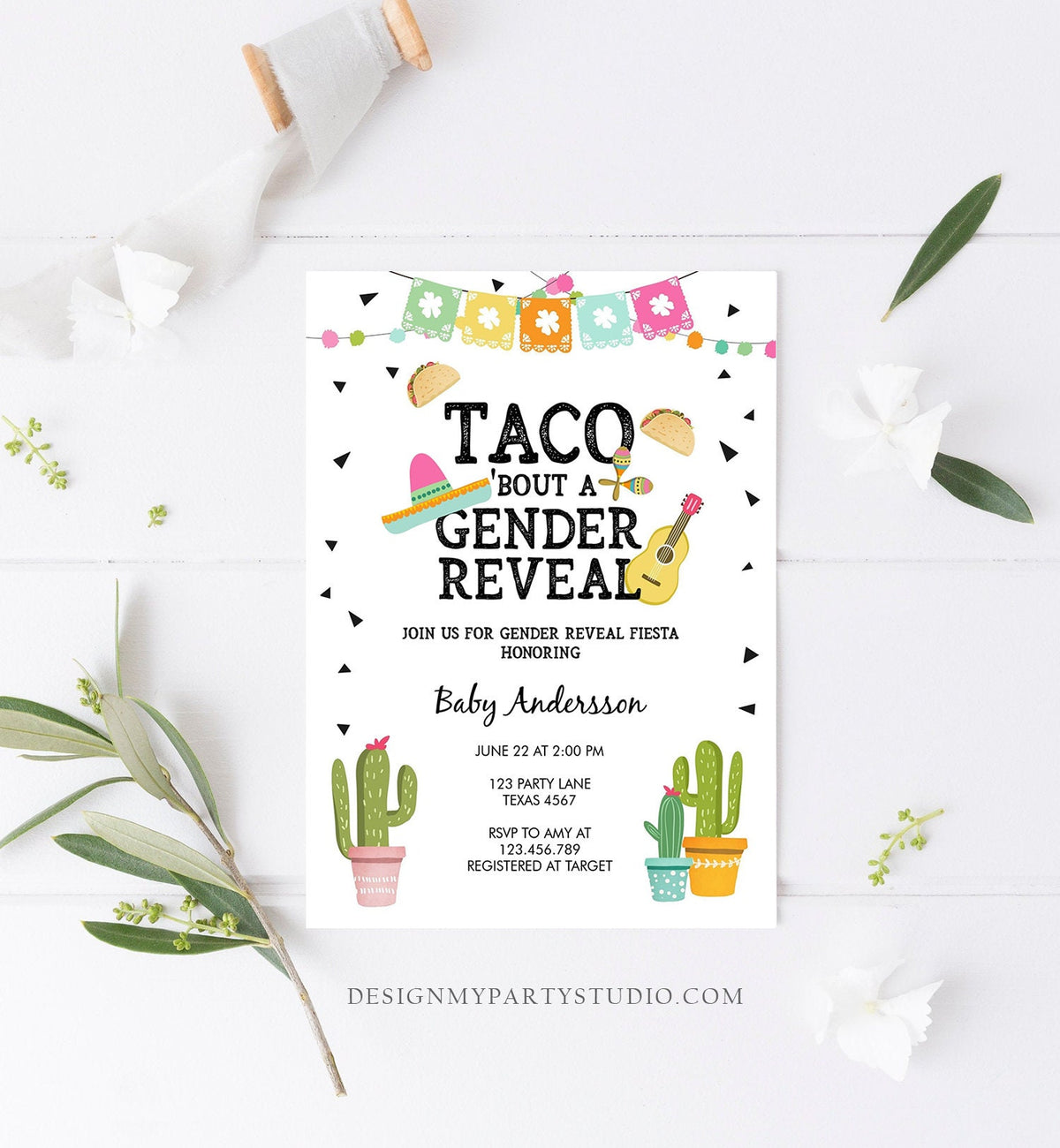Editable Taco Bout a Gender Reveal Invitation Cactus Mexican Fiesta He or She Boy or Girl Party Digital Download Template Printable 0161