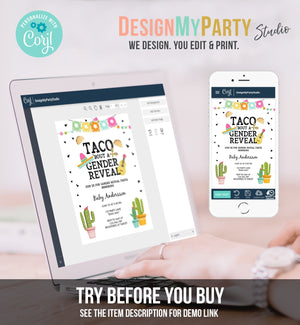 Editable Taco Bout a Gender Reveal Invitation Cactus Mexican Fiesta He or She Boy or Girl Party Download Printable Corjl Template 0161