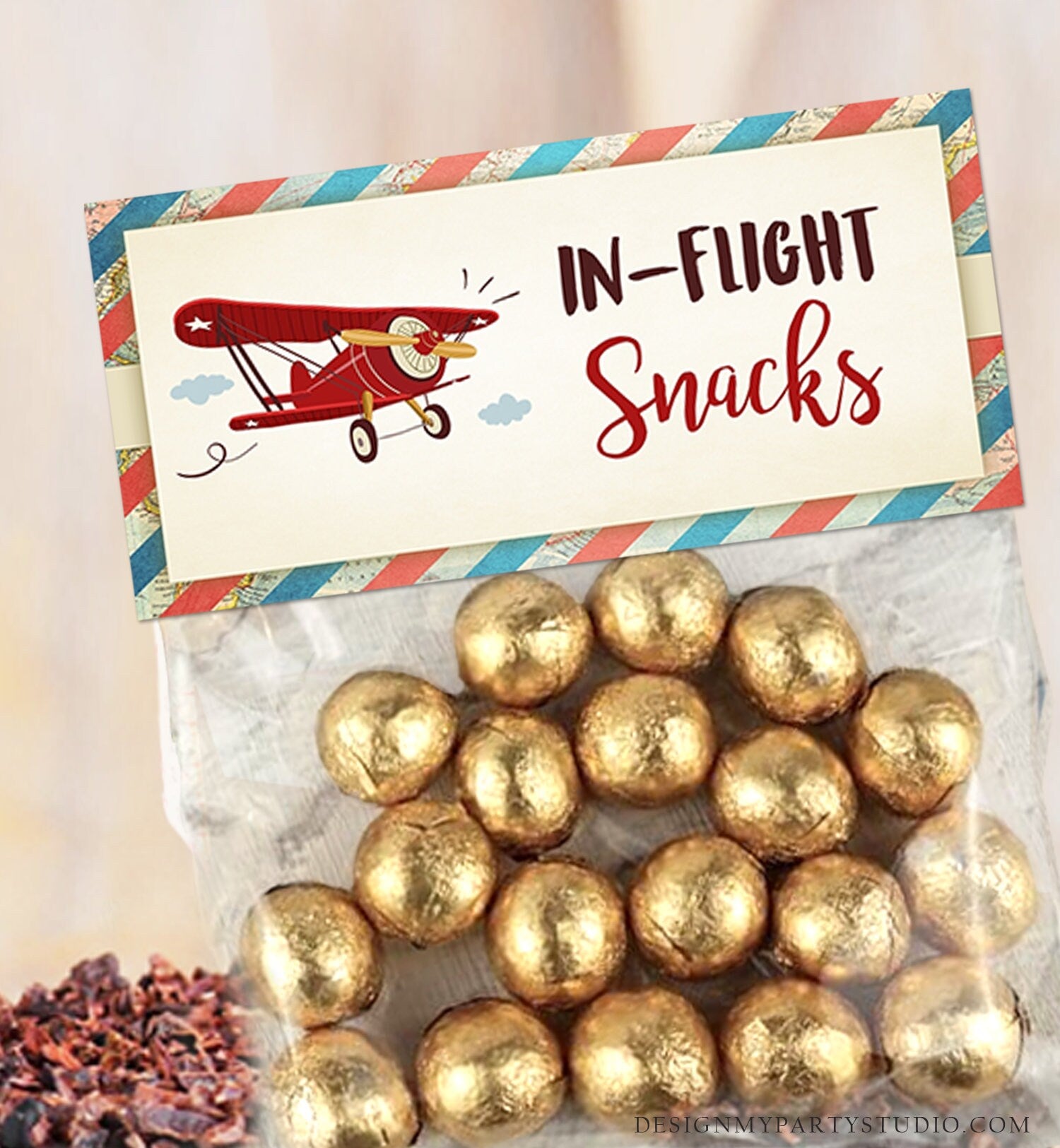 Editable Airplane Treat Bag Toppers Airplane Birthday Boy Airplane Favor Inflight Snacks Red Airplane Party Baby Shower PRINTABLE Corjl 0011