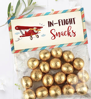 Editable Airplane Treat Bag Toppers Airplane Birthday Boy Airplane Favor Inflight Snacks Red Airplane Party Baby Shower PRINTABLE Corjl 0011