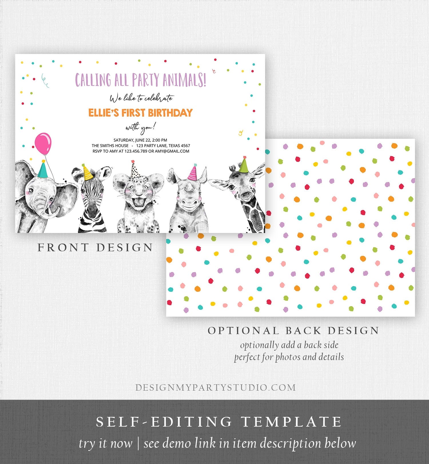 Editable Party Animals Birthday Invitation Wild One Animals Invitation Zoo Safari Animals Girl Download Printable Invite Template Corjl 0390