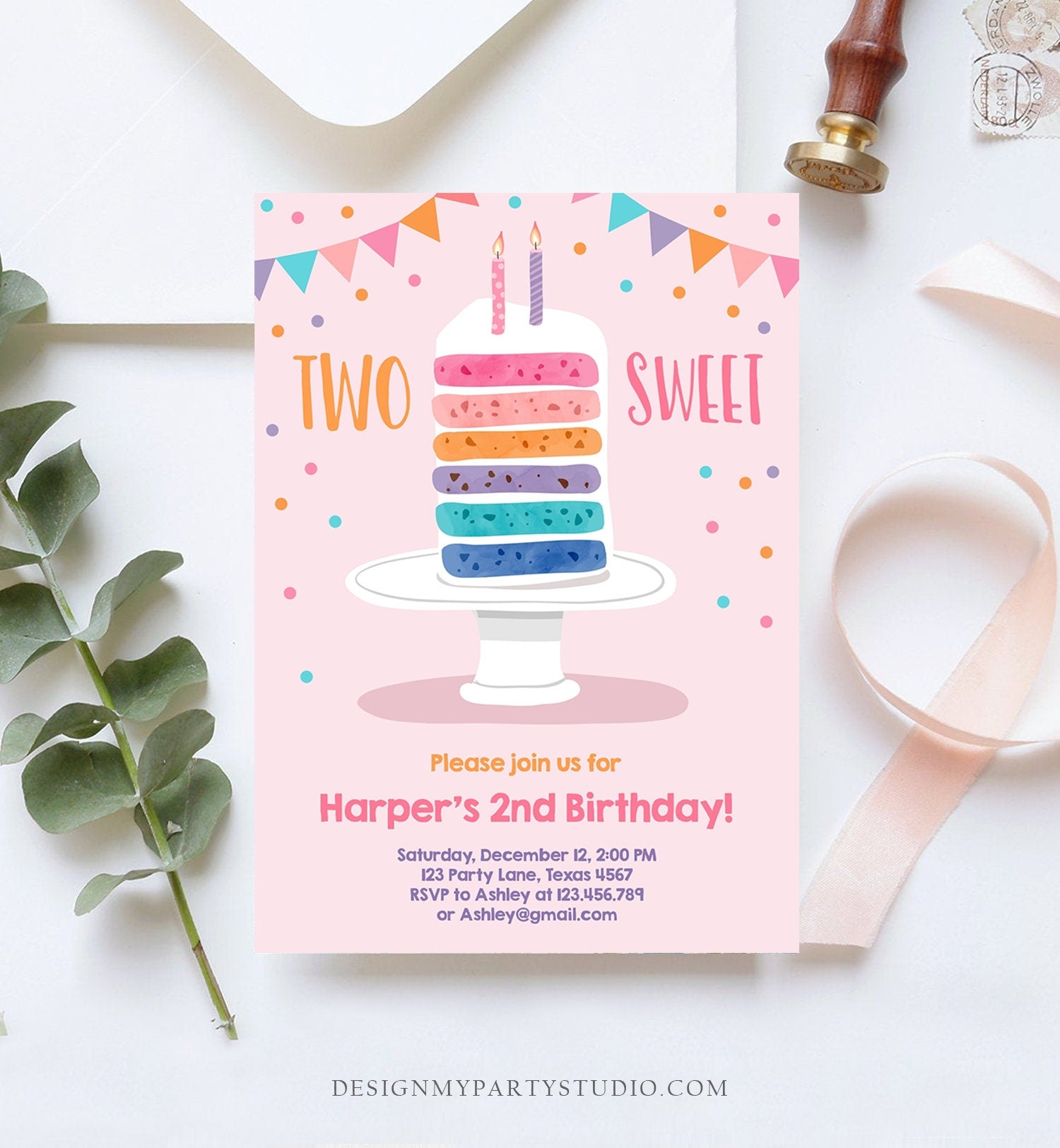 Editable Two Sweet Birthday Invitation Girl Rainbow Cake Invite Girls 2nd Birthday Pink Download Printable Invitation Template Corjl 0121