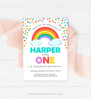 Editable Rainbow Birthday Invitation Kids Girl Boy Neutral Party Clouds Colorful Rainbow Colors Printable Corjl Template Digital 0106