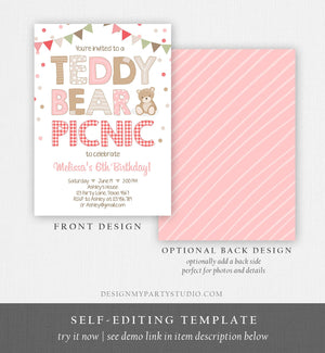Editable Teddy Bear Picnic Birthday Invitation Girl Pink Red Gingham Bear Picnic Summer Outdoor Party Printable Digital Corjl Template 0100