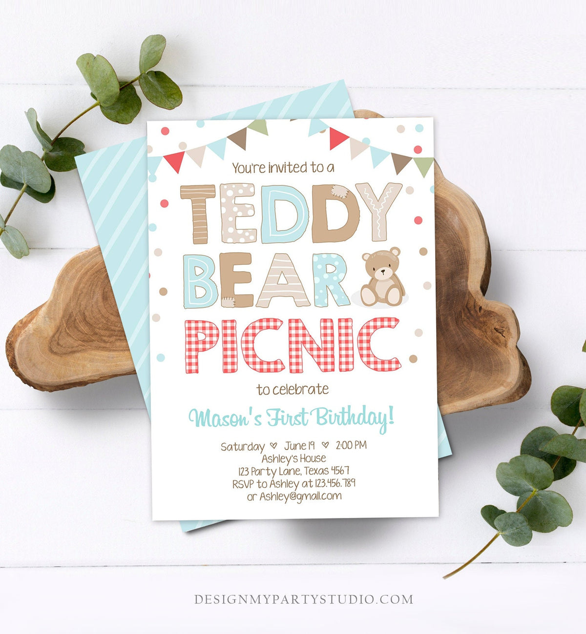 Editable Teddy Bear Picnic Birthday Invitation Boy Blue Brown Red Gingham Bear Picnic Outdoor First Birthday Digital Corjl Template 0100
